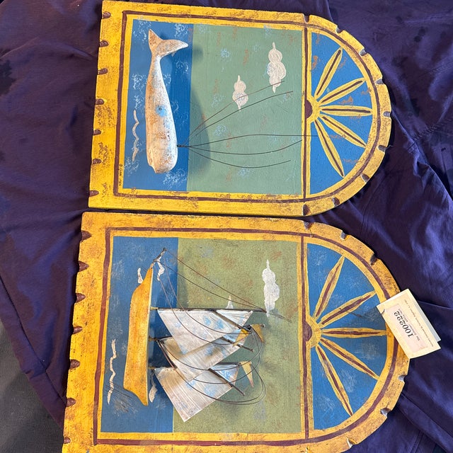 Vintage 1982 Curtis Jeré Wood & Metal Diptych Wall Sculptures - "The Schooner" & "Breaching Whale" Pair With Original Artisan House & Raymor Tags For Sale - Image 12 of 12