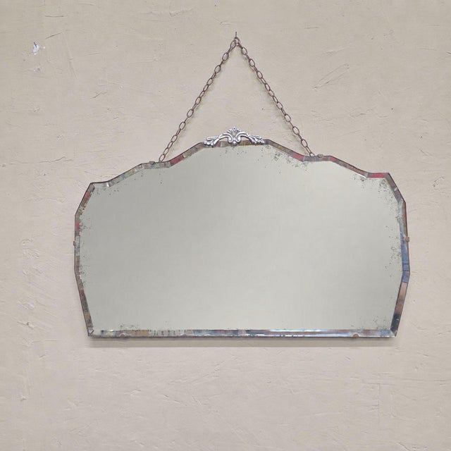 1930s Art Deco Beveled Wall Mirror Chain Hung Foxed Glass Silver Crest 22 Inch For Sale - Image 5 of 11