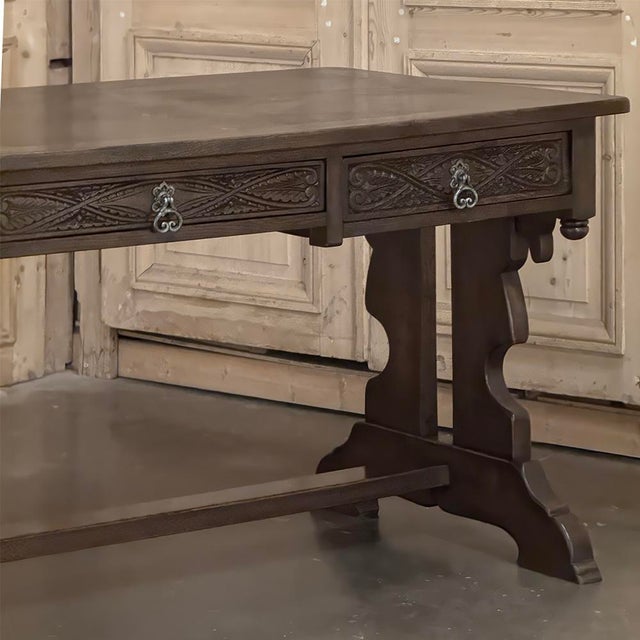 Wood Antique Neo Gothic Carved Oak Trestle Three Drawer Writing Desk For Sale - Image 7 of 18