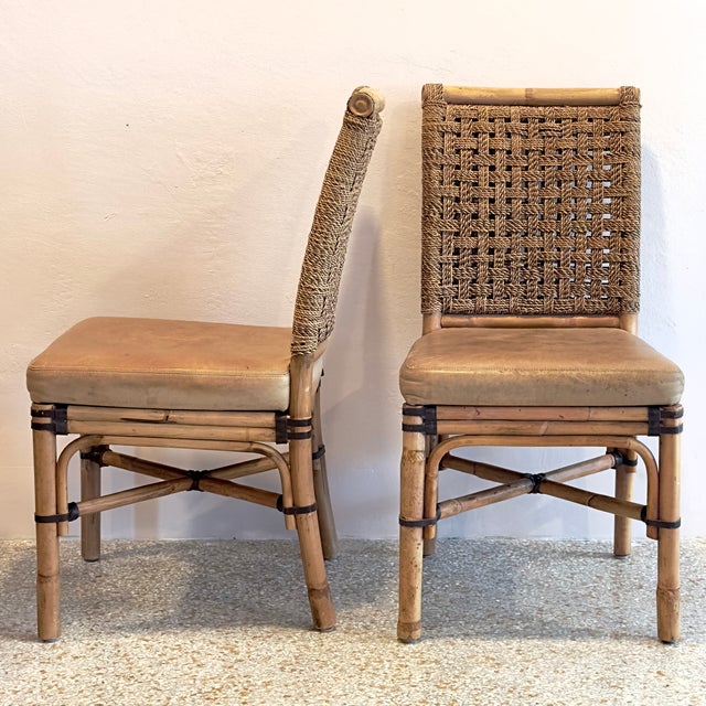 Mid-Century Modern Vintage Coastal Style Rattan & Rawhide Dining Chairs by Palecek - Set of 4 For Sale - Image 3 of 17