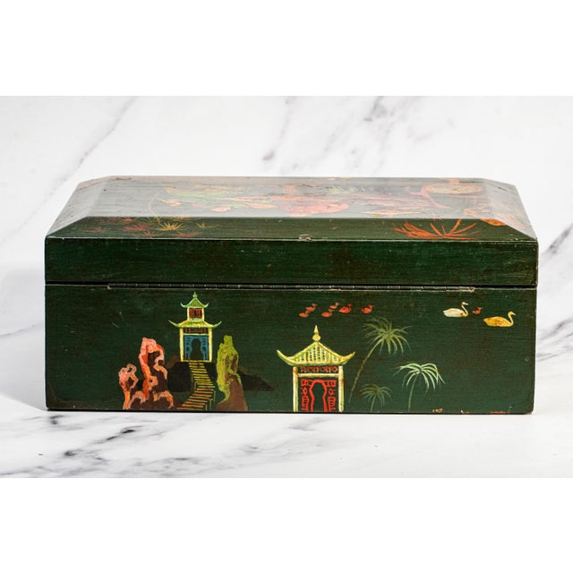 Lovely Asian Inspired Antique Hand Painred Large Humidor Box Chinoiserie Home Decor For Sale - Image 16 of 18