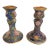 Vintage Cloisonne Navy Blue Light Blue Pink Gold Inlaid Candle Stick Taper Holders- a Pair For Sale