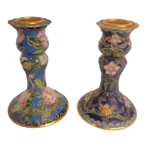 Vintage Cloisonne Navy Blue Light Blue Pink Gold Inlaid Candle Stick Taper Holders- a Pair