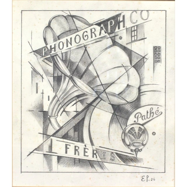 A sketch for an advertising poster "phonograph co." frères in the style of cubism. It depicts a gramophone and a spinning...