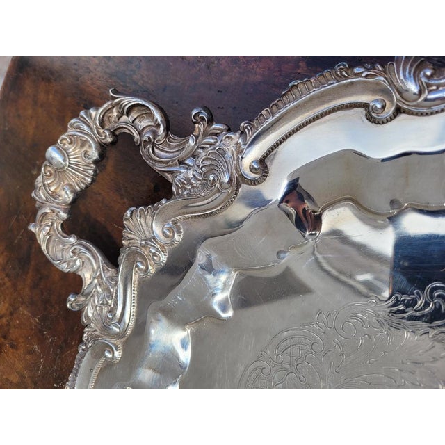 Metal Vintage Silver Metal Tray For Sale - Image 7 of 17