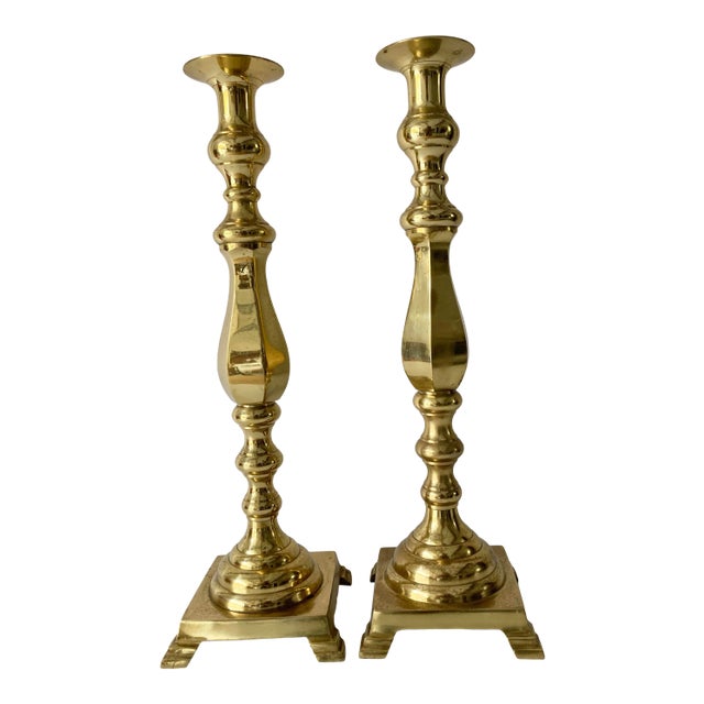 Gothic Style Monolithic Brass Candle Sticks (2) Pair For Sale