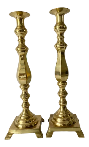 Gothic Style Monolithic Brass Candle Sticks (2) Pair