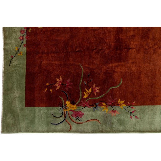 Antique Chinese Art Deco Handmade Brown & Green Wool Rug With Traditional Motif For Sale - Image 4 of 7