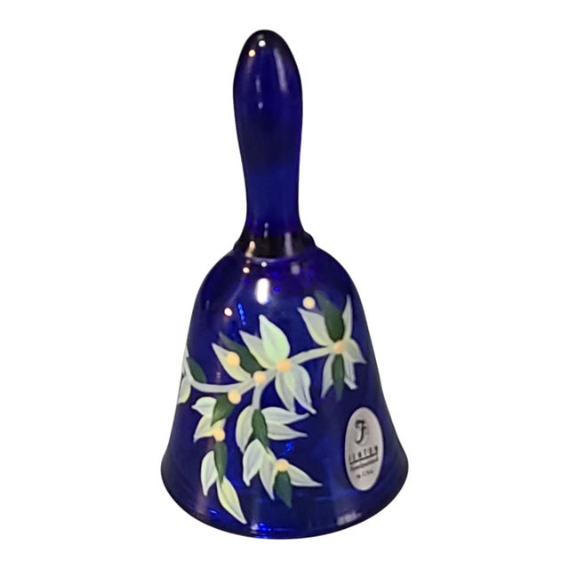 Vintage Hand Painted Floral Blue Fenton Glass Bell Marked & Original Label For Sale