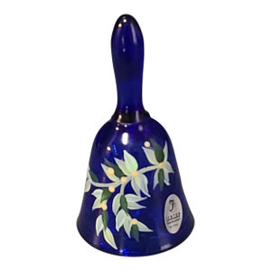 Vintage Hand Painted Floral Blue Fenton Glass Bell Marked & Original Label