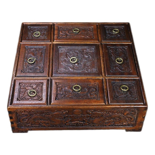Huali Rosewood Nine-Grid Treasure Box With Dragon Motif For Sale