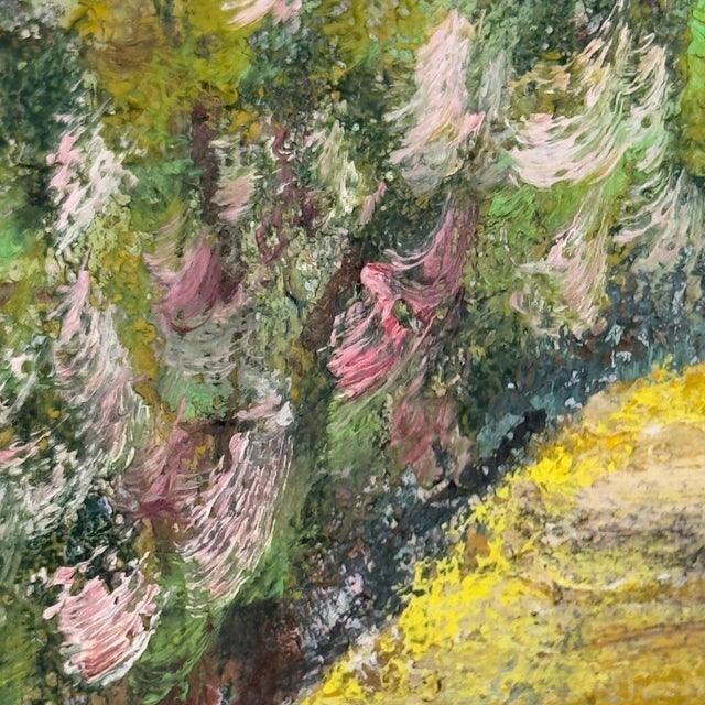 Vintage Original Oil Painting European Village Landscape Cottage Hollyhocks For Sale - Image 9 of 14