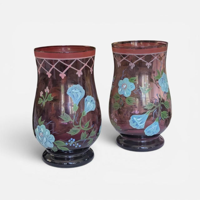 ** Please Read Entire Description ** A Pair of Vintage Eggplant Purple Hurricane Glass Candle Holders that have Hand...
