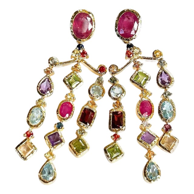 Bochic "Orient" Vintage Ruby & Multi gem Chandelier Earrings Set 18K Gold&Silver, A Pair For Sale