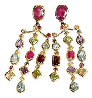 Bochic "Orient" Vintage Ruby & Multi gem Chandelier Earrings Set 18K Gold&Silver, A Pair