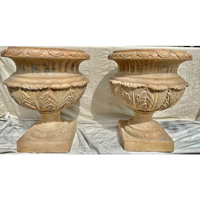 Vintage Large Neoclassical Style Stone Campagna-Form Garden Urns With Acanthus Leaf Decoration- a Pair For Sale - Image 13 of 13