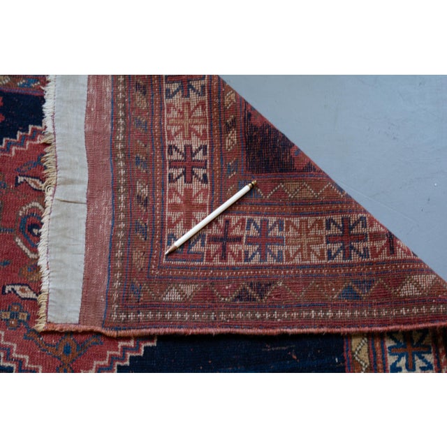 Antique Caucasian Geometric Floral Medallion Navy Red Rug Wool Low Pile Hand-Knotted - 4’2” X 6' For Sale - Image 10 of 10