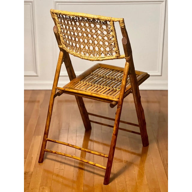 Set of 4 Mid 20th Century Tortoise Shell Style Burnt Bamboo Folding Chairs For Sale - Image 9 of 12