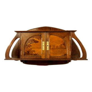 Art Nouveau French Oak Wall Cabinet with Painted Landscape, 1900s For Sale