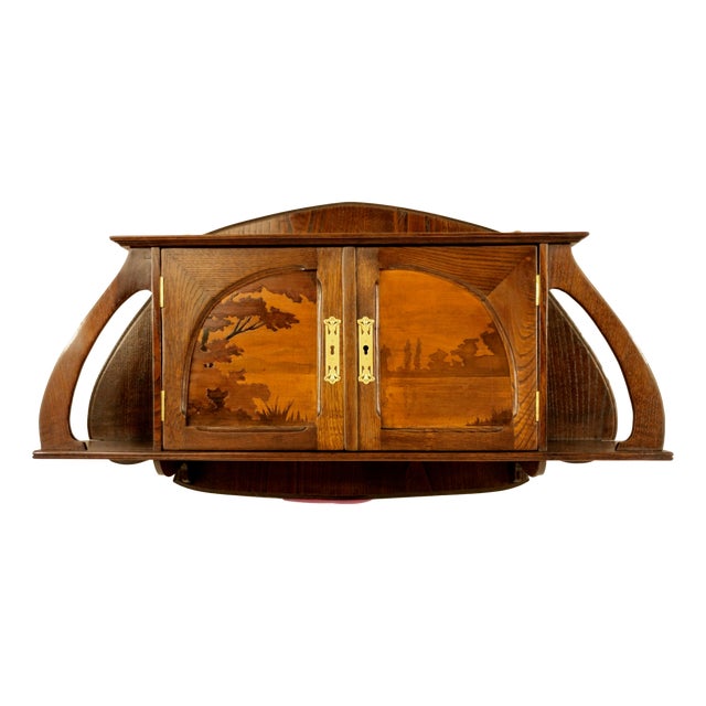 Art Nouveau French Oak Wall Cabinet with Painted Landscape, 1900s For Sale