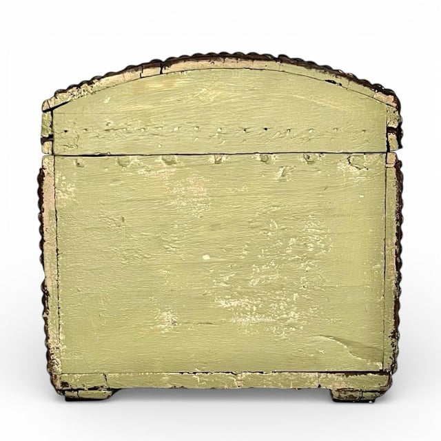 Antique Metal Studded and Painted Wood Trunk For Sale - Image 4 of 7