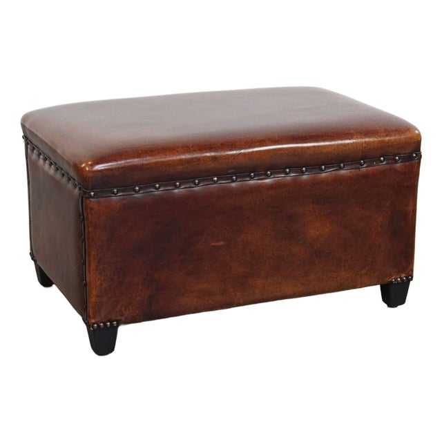 Cognac-Colored Sheepskin Stool with Decorative Studs For Sale