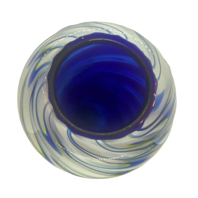 Glass Vintage Hand Blown Blue Green White Swirled Art Glass Vase by Eastern Art Glass For Sale - Image 7 of 13