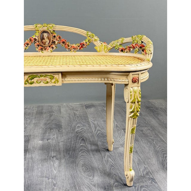19th Century Louis XV Bench in Painted Wood and Caning For Sale - Image 3 of 13
