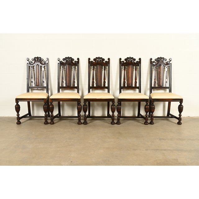 English Berkey & Gay Antique English Jacobean Carved Walnut Dining Chairs, Set of Five For Sale - Image 3 of 13