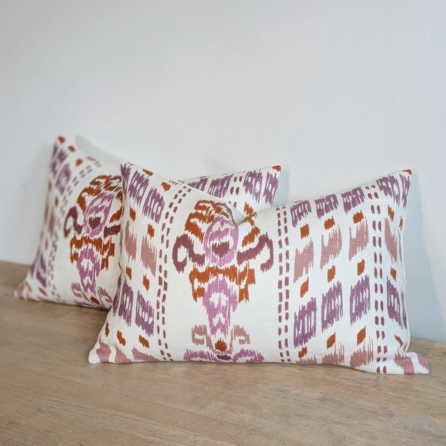 Mally Skok Ikat Crazy Pink Lumbar Pillows For Sale - Image 4 of 6