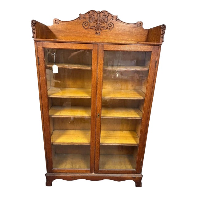 Vintage Antique Oak Double Door Bookcase W Ornate Applied & Carved Details For Sale