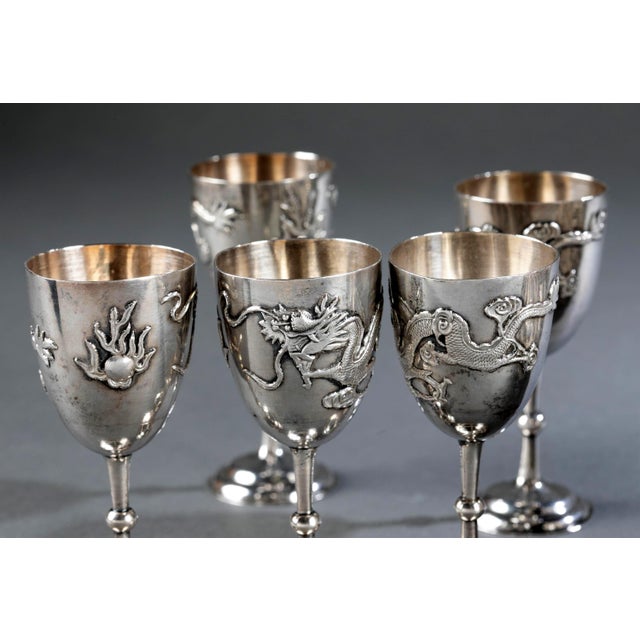 Metal Set of Chinese Export Silver Overlay Bottle with Five Cordials Tianjin Wuhua For Sale - Image 7 of 15