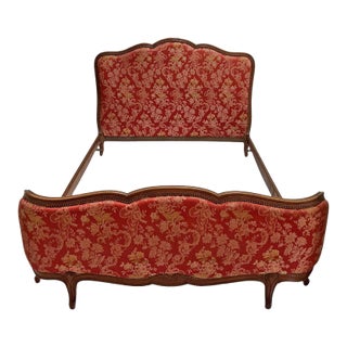 Vintage French Carved Walnut Upholstered Double Bed Frame Red Floral Damask Louis XV Style For Sale