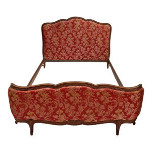 Vintage French Carved Walnut Upholstered Double Bed Frame Red Floral Damask Louis XV Style