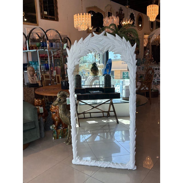 Vintage newly lacquered white Palm Beach palm leaf tree frond wall mirror. Serge Roche style. Ready to hang on your wall....