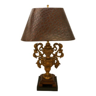 Ralph Lauren Style Maitland-Smith Gilt Lamp With Real Embossed Leather Shade & Black Marble Base — 30 Inches Tall For Sale
