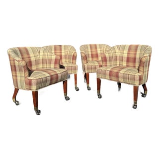 Set of 4 Vintage Plaid Upholstered Game Table Chairs | Campaign-Style Club Chairs For Sale
