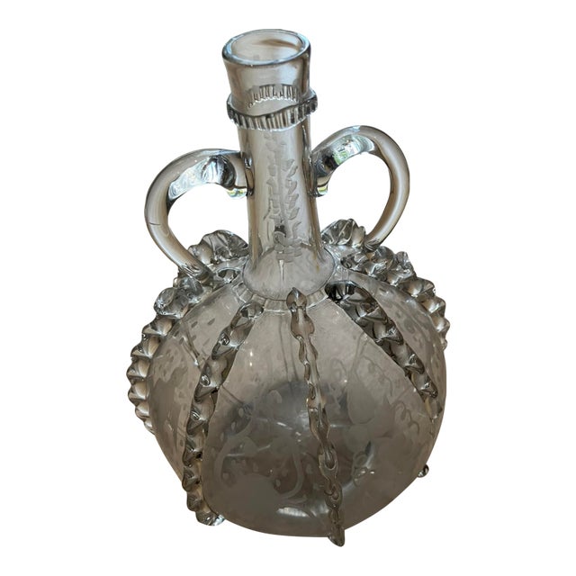 Antique 19th Century Dutch Glass Decanter – Etched Grapes & Vines, Rippled Decor For Sale