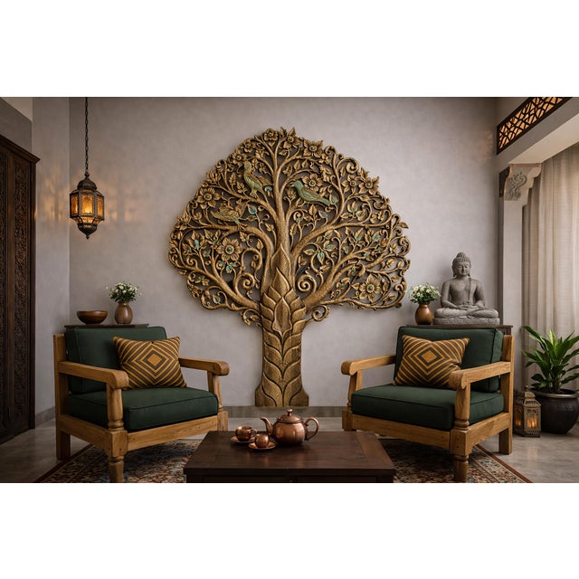 Brown Vintage Good Luck Wood Carved Peacock Tree For Sale - Image 8 of 8