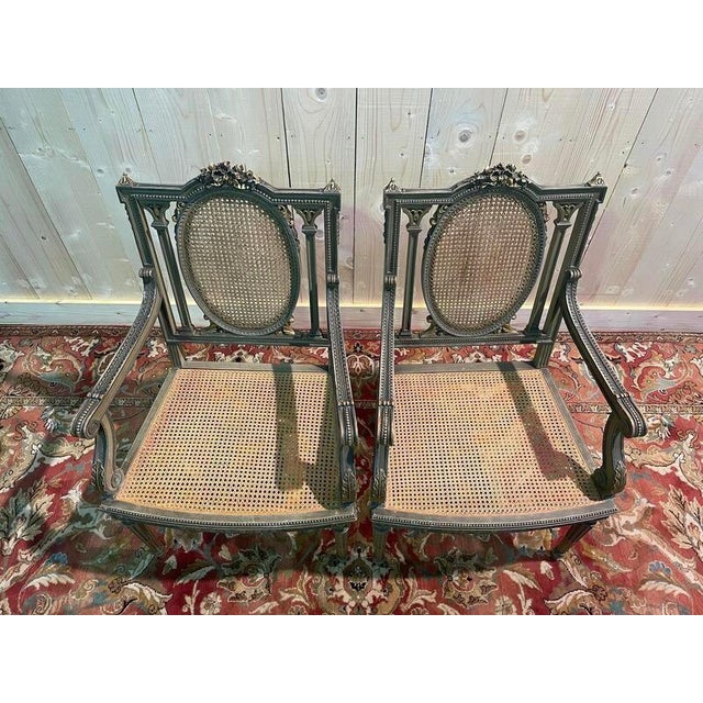 Set of Louis XVI Armchairs with Reupholstery and Caning For Sale - Image 5 of 7