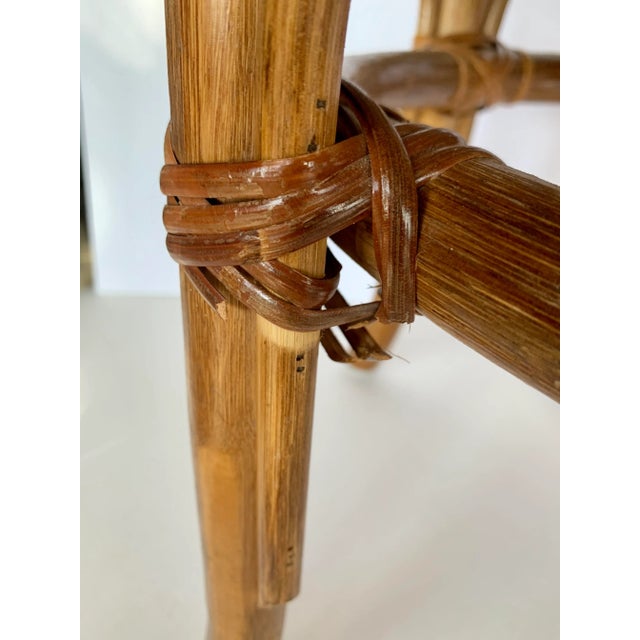 1970’s Palm Beach, Coastal Vintage Lattice Back Rattan Bamboo Wicker Cane Horseshoe Chairs With Original Upholstery - A Pair For Sale In San Antonio - Image 6 of 11