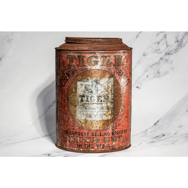 Orange Neat Large Antique Tiger Chewing Tobacco Tin Country Store Advertising Display Can Americana Tobacciana General Store Home Decor For Sale - Image 8 of 16