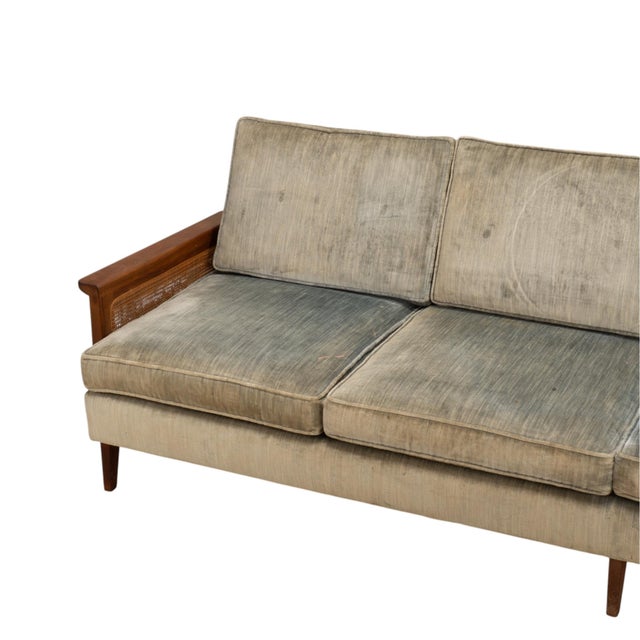 1960s 1960s Mid Century Modern Caned Walnut Velvet Long Sofa for Reupholstery 101" For Sale - Image 5 of 16