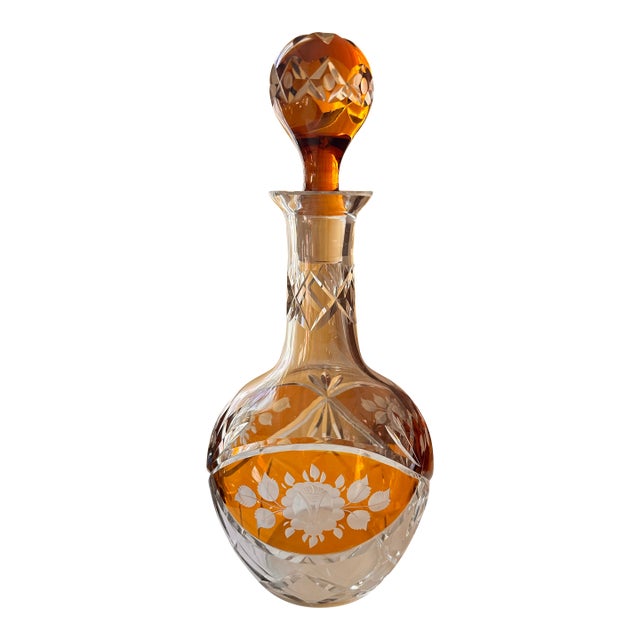 Vintage Bohemian Amber Cut Crystal Decanter With Stopper For Sale