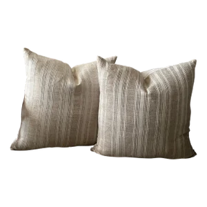 Pair 18” Cotton Linen Blend Neutral Stripe Pillows With Down Inserts