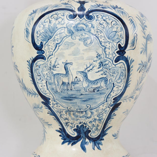 Pair of Vintage Hand Painted Blue and Cream Ceramic Table Lamps With Deer and Floral Folk Art Design For Sale In New York - Image 6 of 13