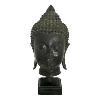 Antique Bronze Ayutthaya Buddha Head Thai Sculpture, Mounted For Sale