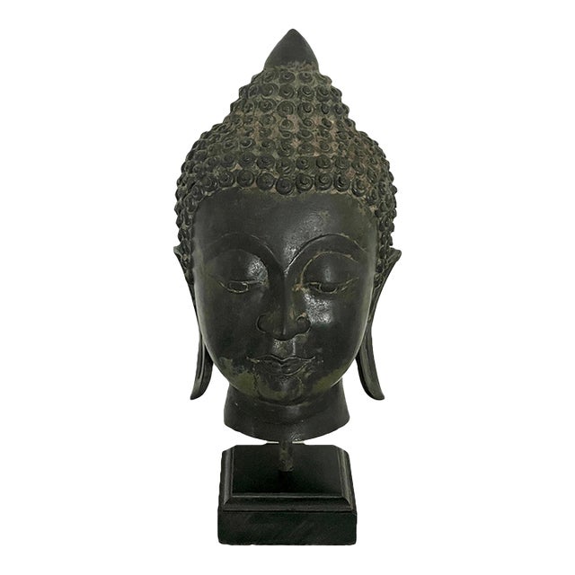Antique Bronze Ayutthaya Buddha Head Thai Sculpture, Mounted For Sale