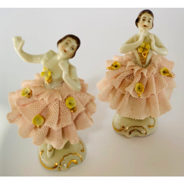 Vintage Dresden Rococo-Style Petite Porcelain Figurines Dancing in Lace Skirts, Mid-1990s by Germany’s Porzellanfabrik Unterweißbach- a Paiir For Sale - Image 9 of 10