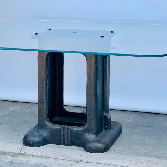 Sculptural Cast Iron Pedestal and Glass Industrial Dining / Work Table For Sale - Image 4 of 7